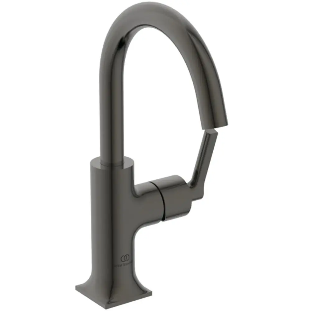 Waschtischarmatur in Magnetic Grey von Ideal Standard. Erkennbar sind der gebogene Auslauf und der seitliche Bedienhebel. Ideal für moderne Waschbecken.